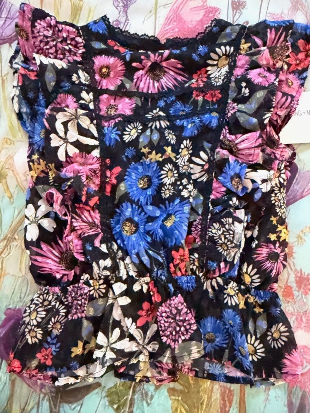 🆕Spring + Mercer Floral Blouse Size XS | Ruffle Sleeve Peplum Top - Picture 2 of 10